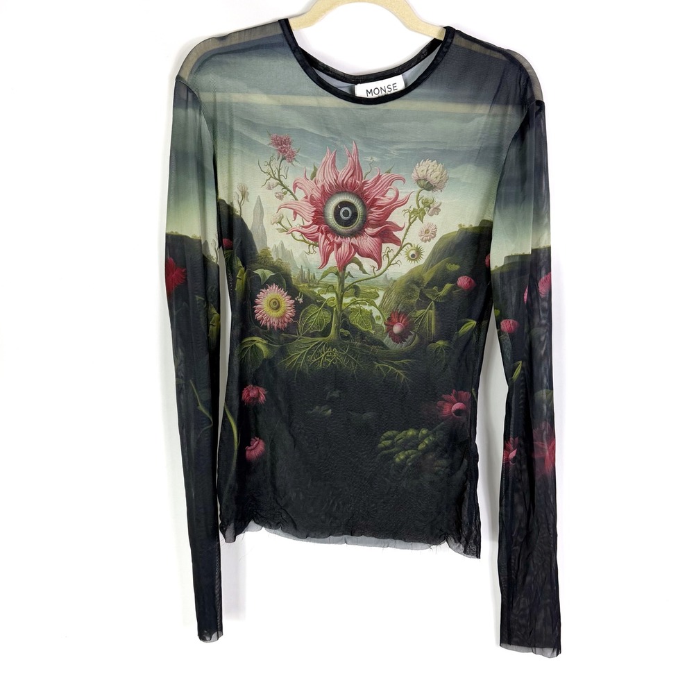 Monse Rose‎ Printed Mesh Top Long Sleeve Mesh Surrealist Sheer Long Sleeve Sz L - Picture 6 of 16